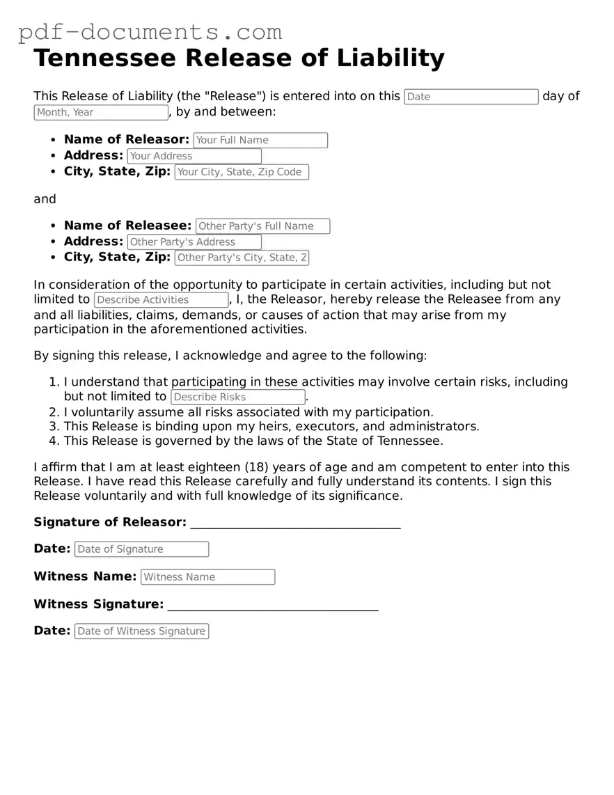 Legal Release of Liability Template for the State of Tennessee