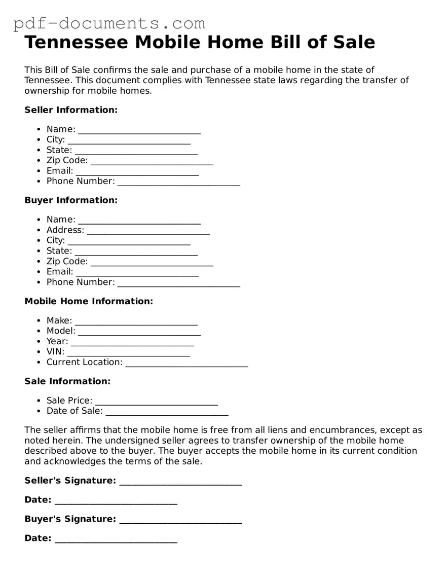 Legal Mobile Home Bill of Sale Template for the State of Tennessee