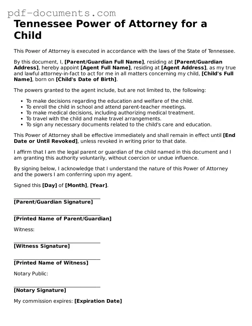 Legal Power of Attorney for a Child Template for the State of Tennessee