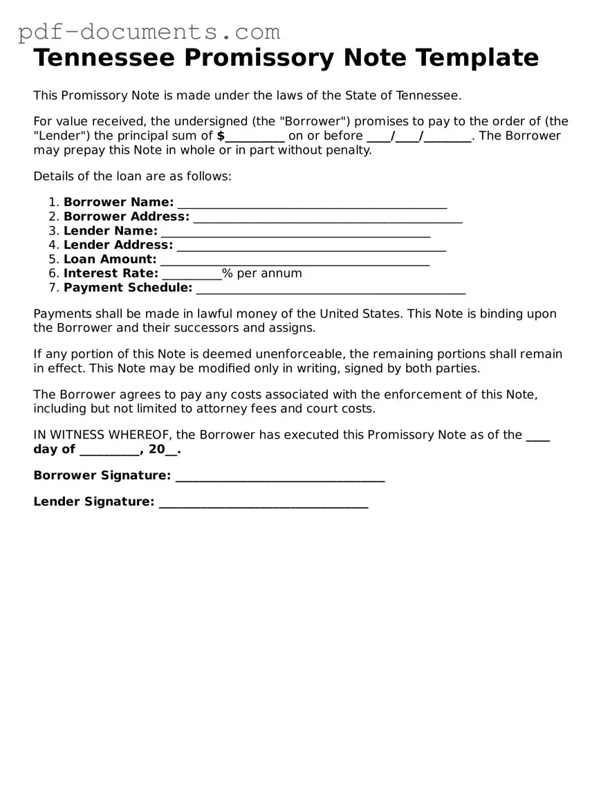 Legal Promissory Note Template for the State of Tennessee
