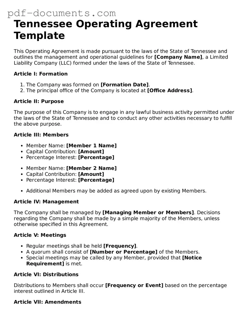 Legal Operating Agreement Template for the State of Tennessee