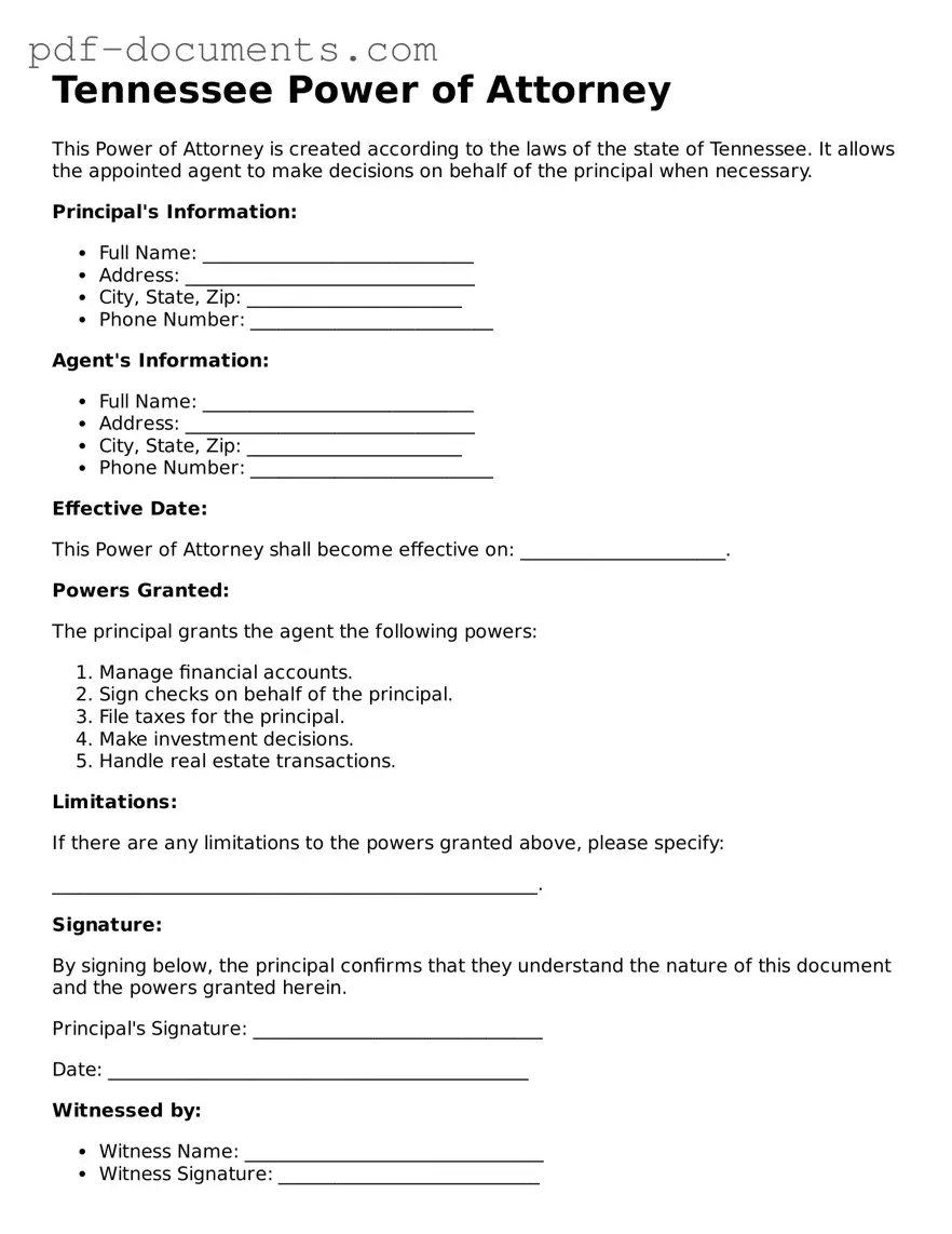 Legal Power of Attorney Template for the State of Tennessee