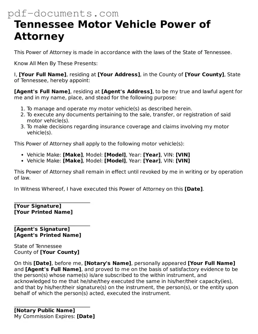 Legal Motor Vehicle Power of Attorney Template for the State of Tennessee