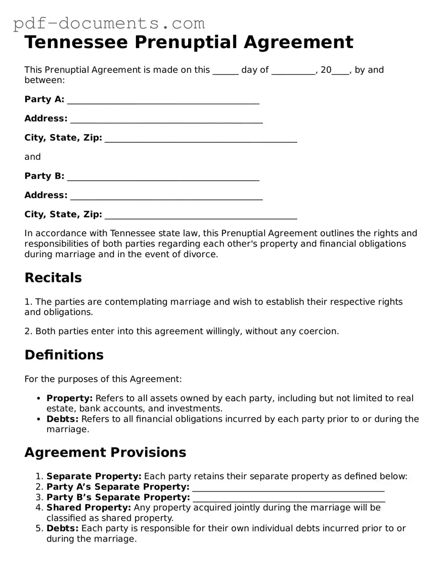 Legal Prenuptial Agreement Template for the State of Tennessee