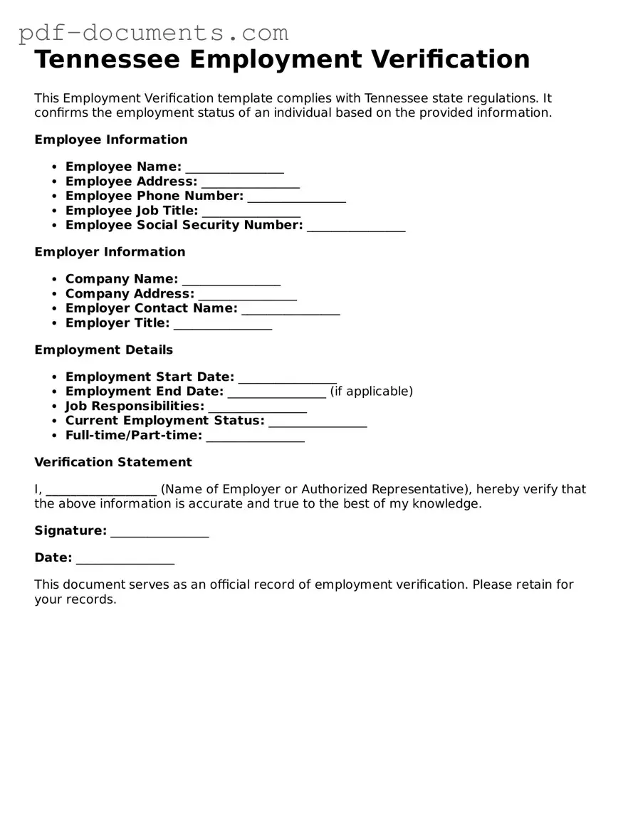 Legal Employment Verification Template for the State of Tennessee