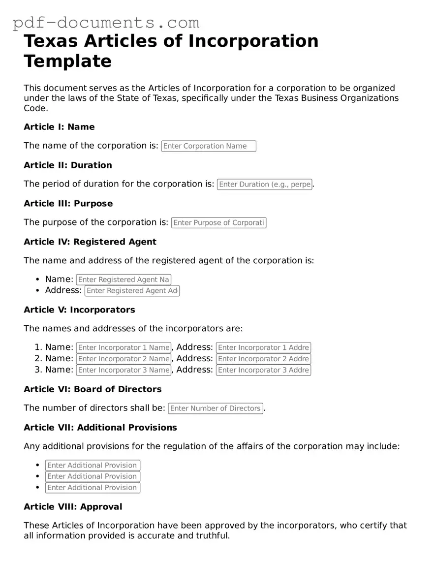 Legal Articles of Incorporation Template for the State of Texas