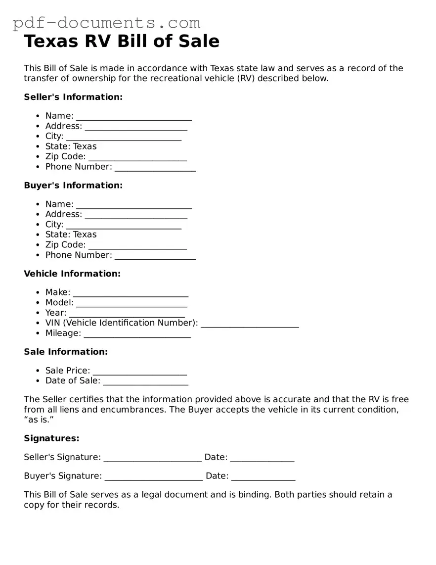Legal RV Bill of Sale Template for the State of Texas
