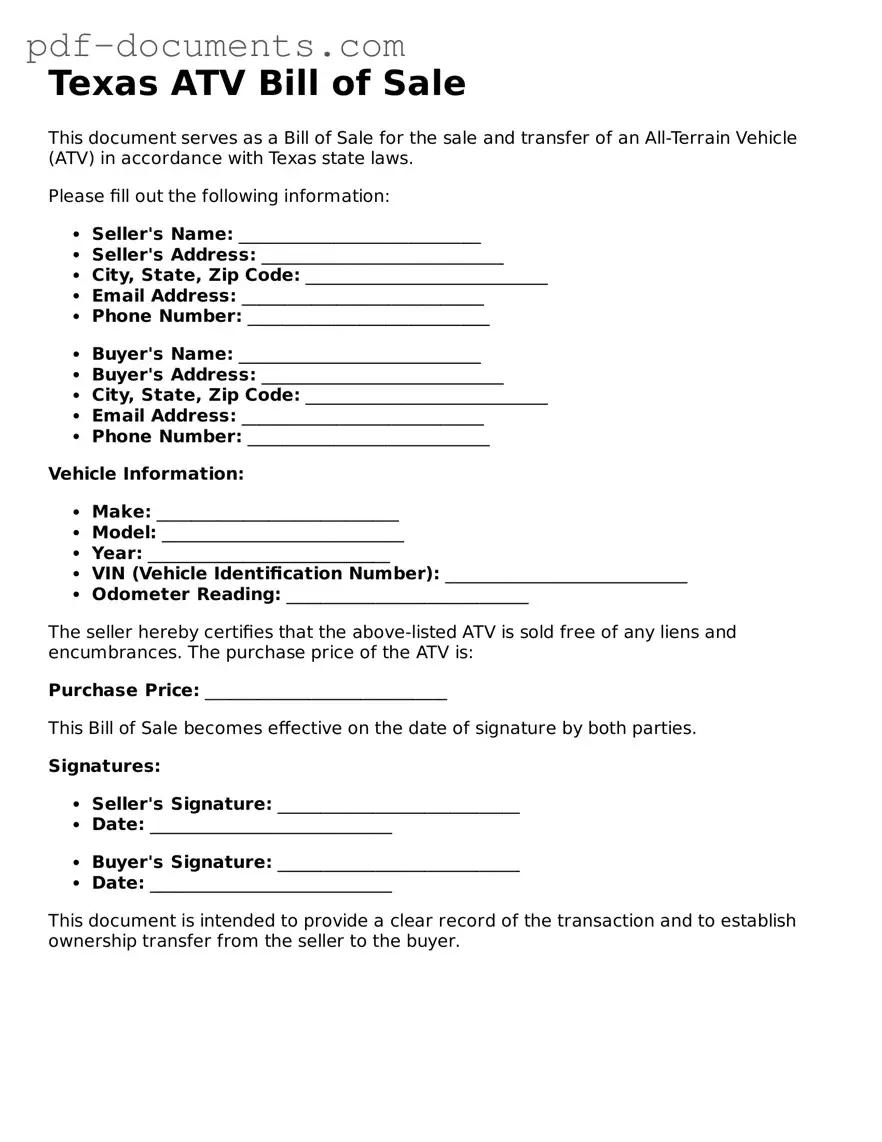 Legal ATV Bill of Sale Template for the State of Texas