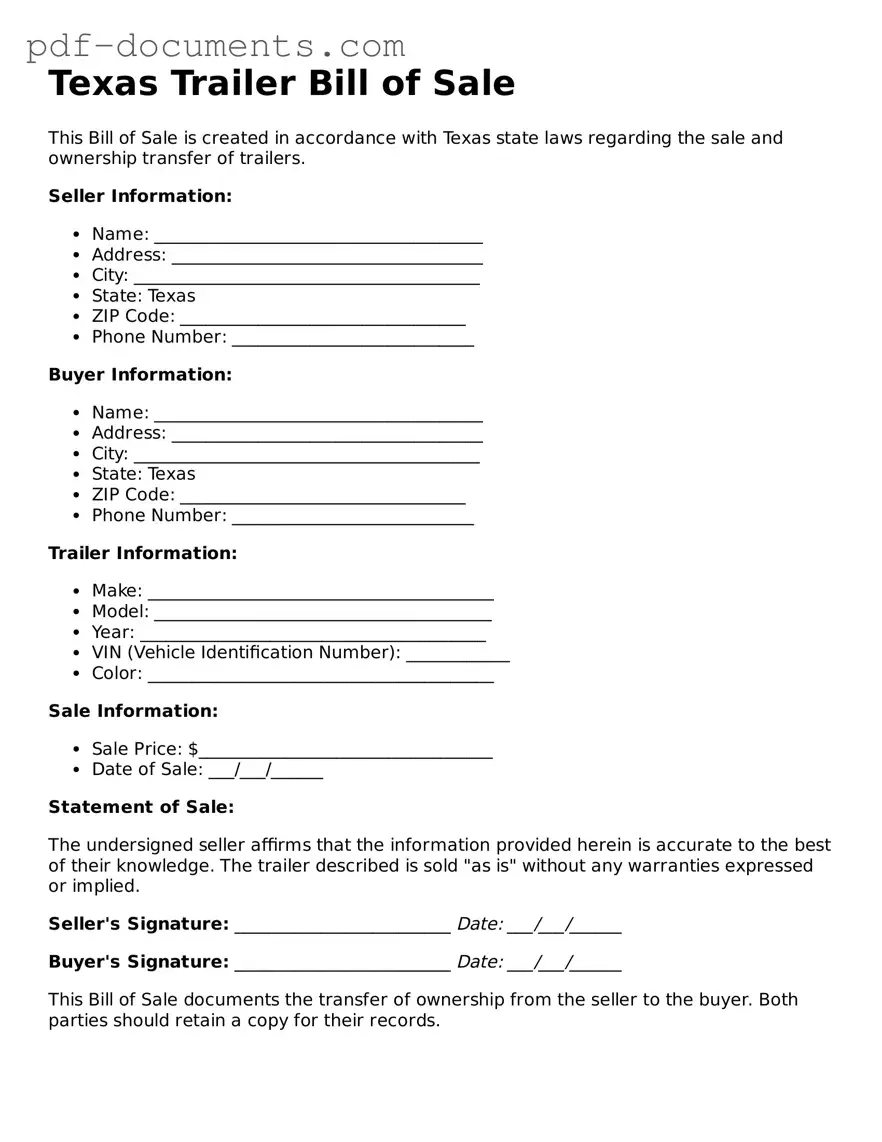 Legal Trailer Bill of Sale Template for the State of Texas