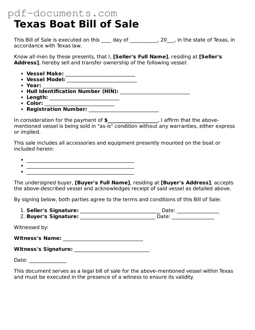 Legal Boat Bill of Sale Template for the State of Texas