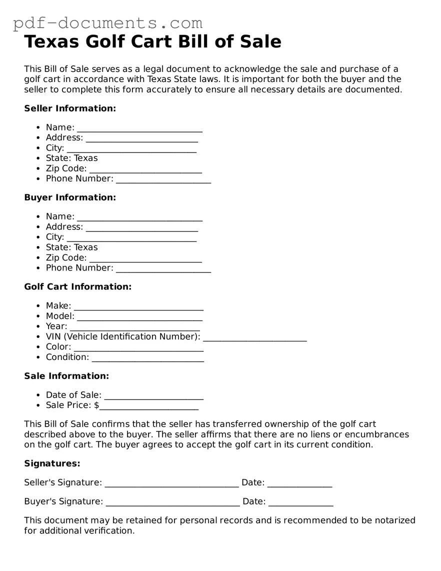 Legal Golf Cart Bill of Sale Template for the State of Texas