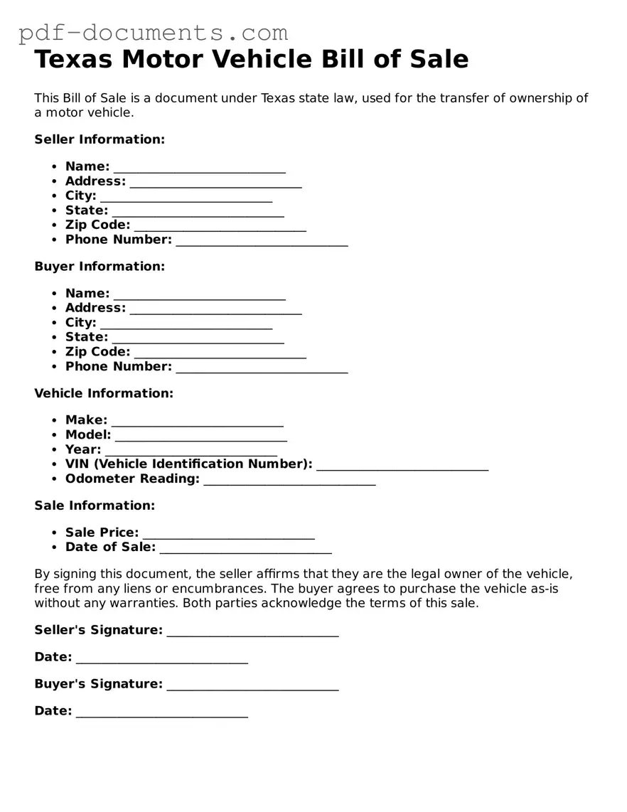 Legal Motor Vehicle Bill of Sale Template for the State of Texas