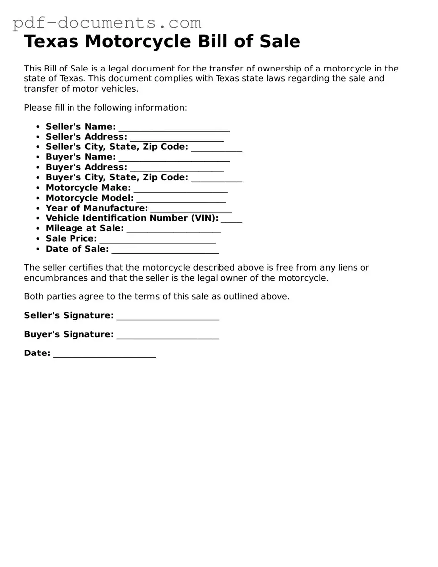 Legal Motorcycle Bill of Sale Template for the State of Texas