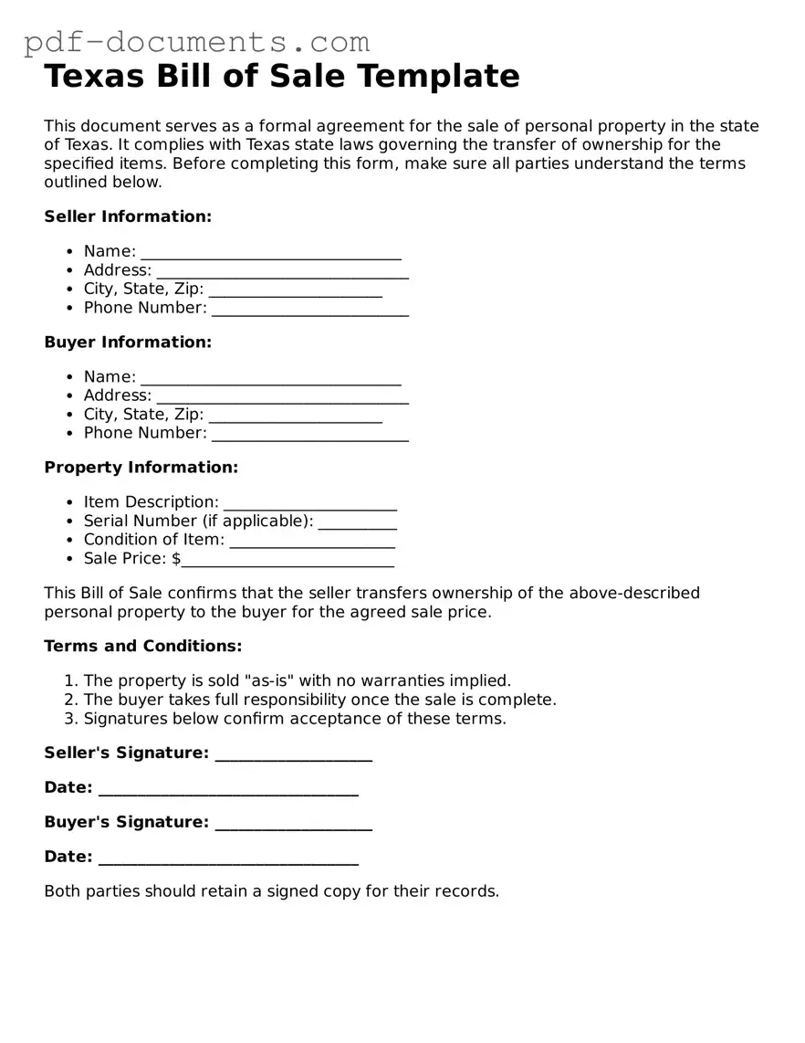 Legal Bill of Sale Template for the State of Texas