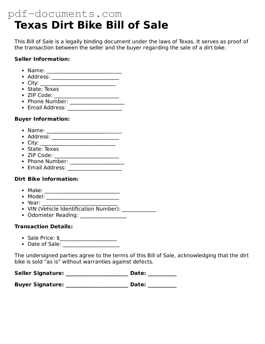 Legal Dirt Bike Bill of Sale Template for the State of Texas