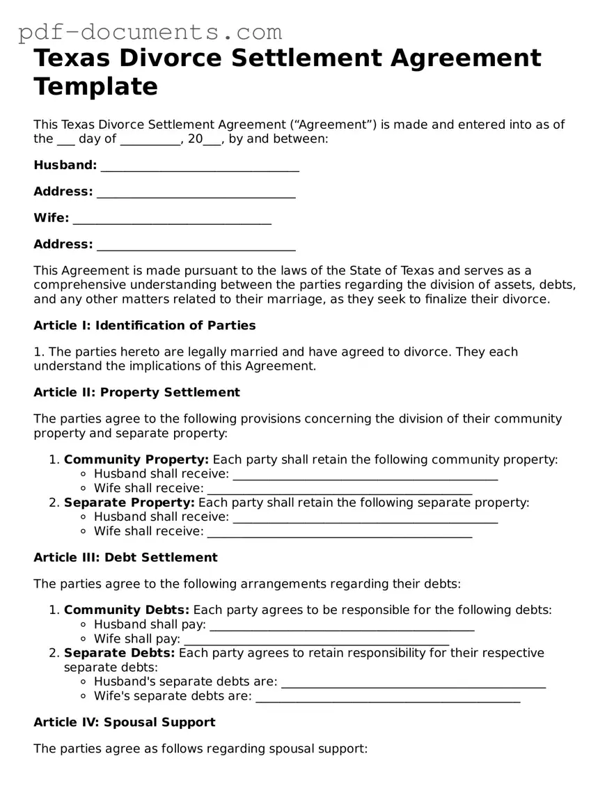 Legal Divorce Settlement Agreement Template for the State of Texas