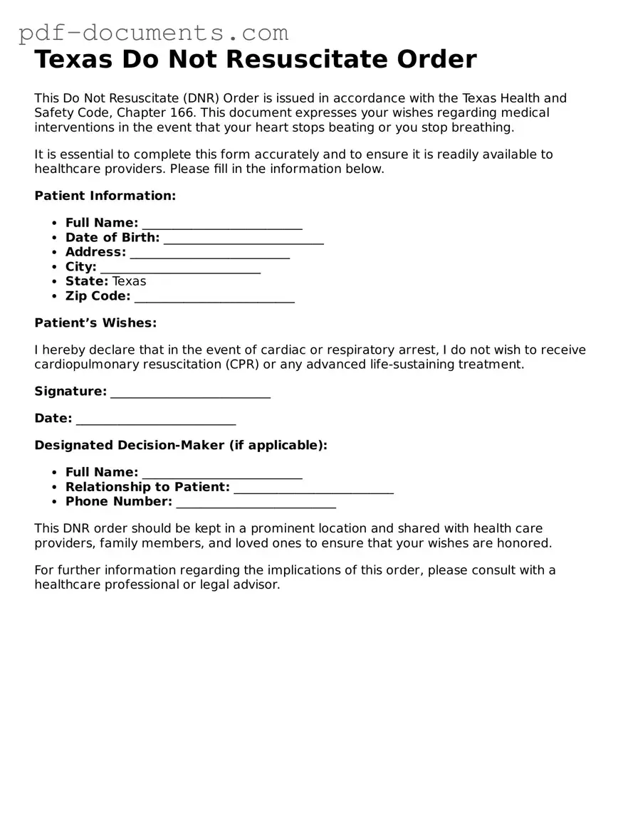 Legal Do Not Resuscitate Order Template for the State of Texas