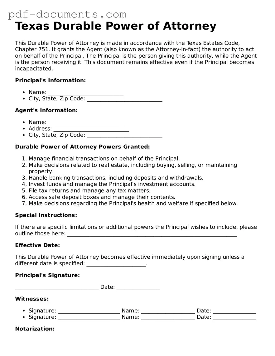 Legal Durable Power of Attorney Template for the State of Texas