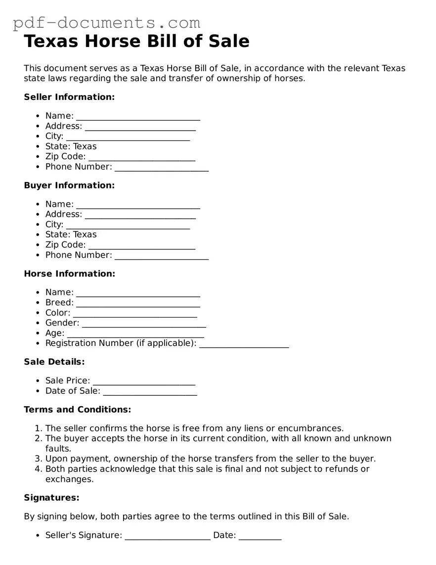 Legal Horse Bill of Sale Template for the State of Texas