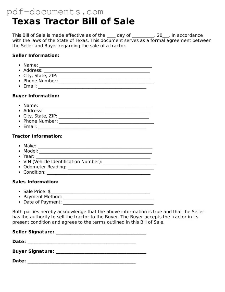 Legal Tractor Bill of Sale Template for the State of Texas