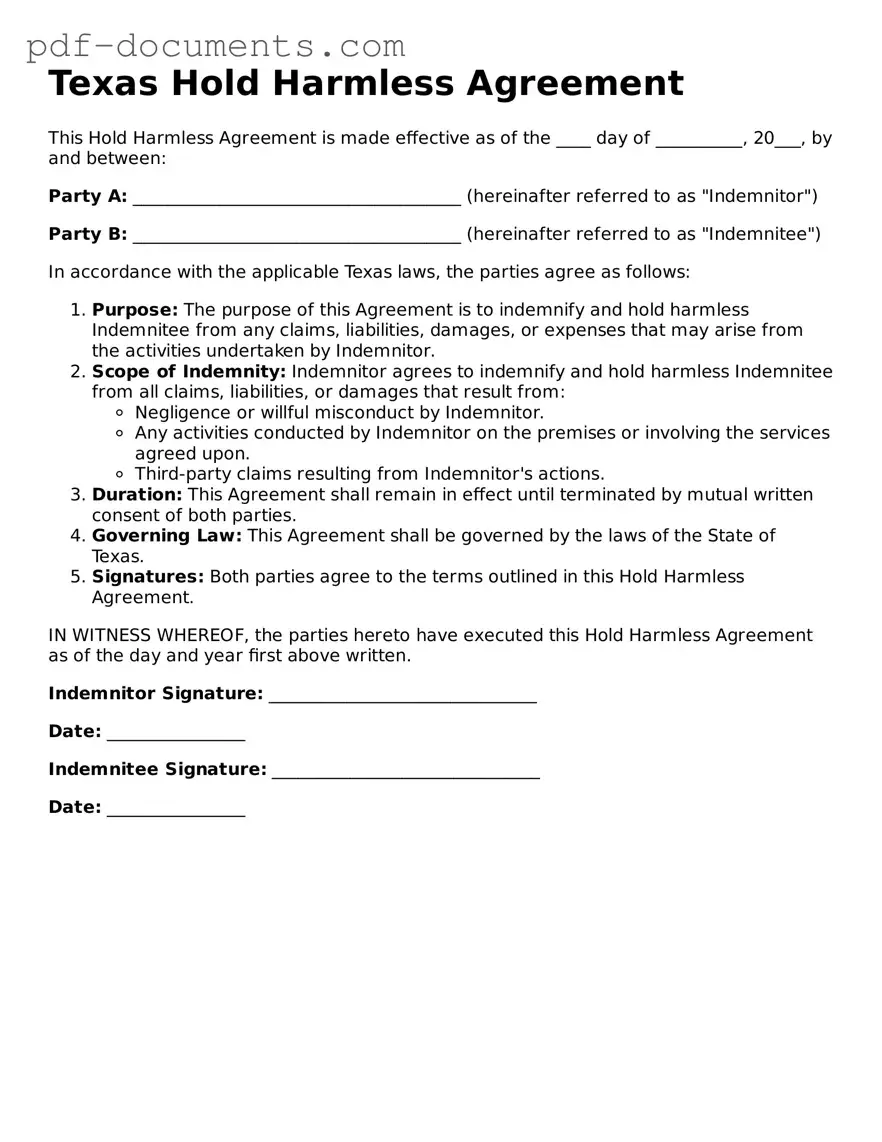 Legal Hold Harmless Agreement Template for the State of Texas