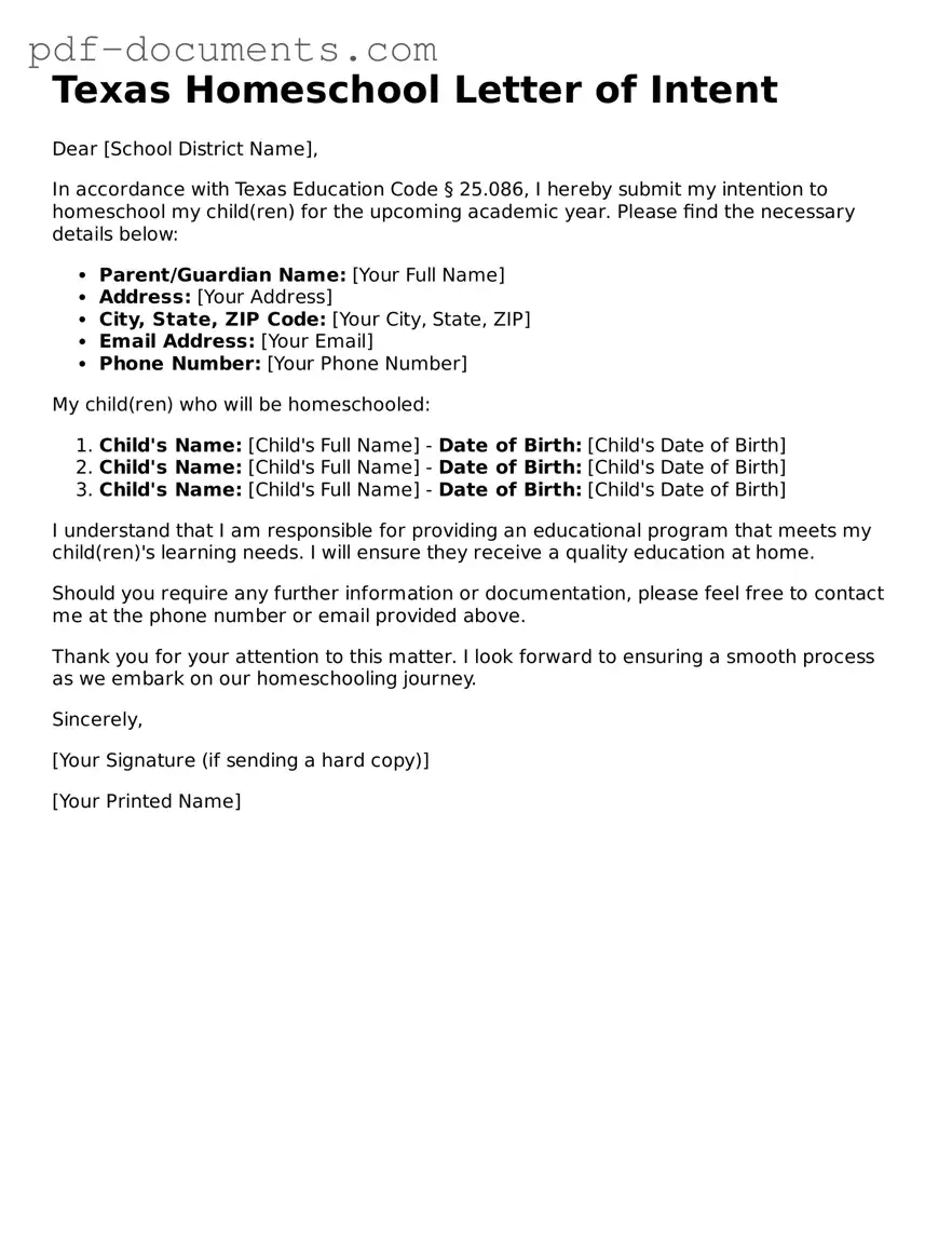Legal Homeschool Letter of Intent Template for the State of Texas