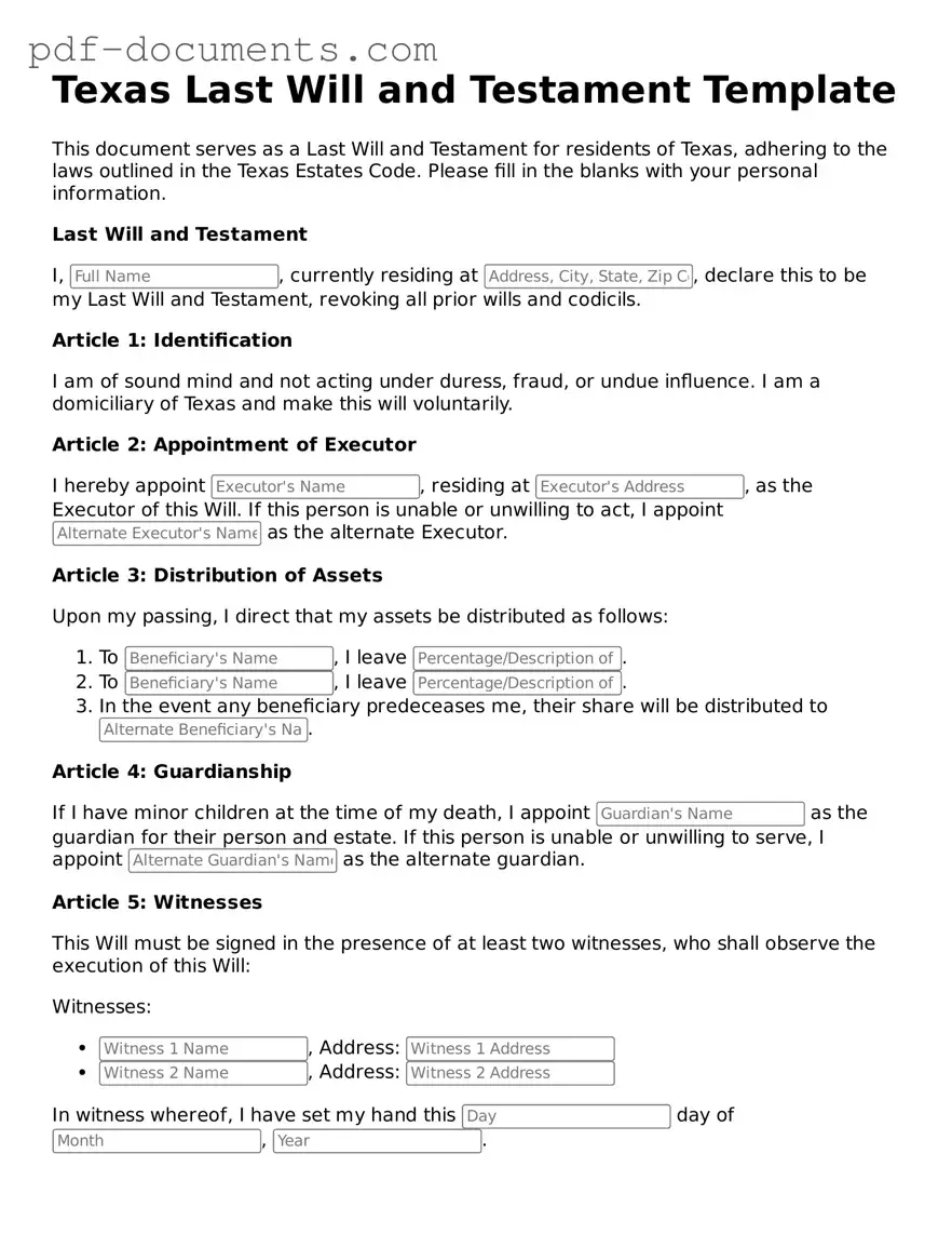 Legal Last Will and Testament Template for the State of Texas