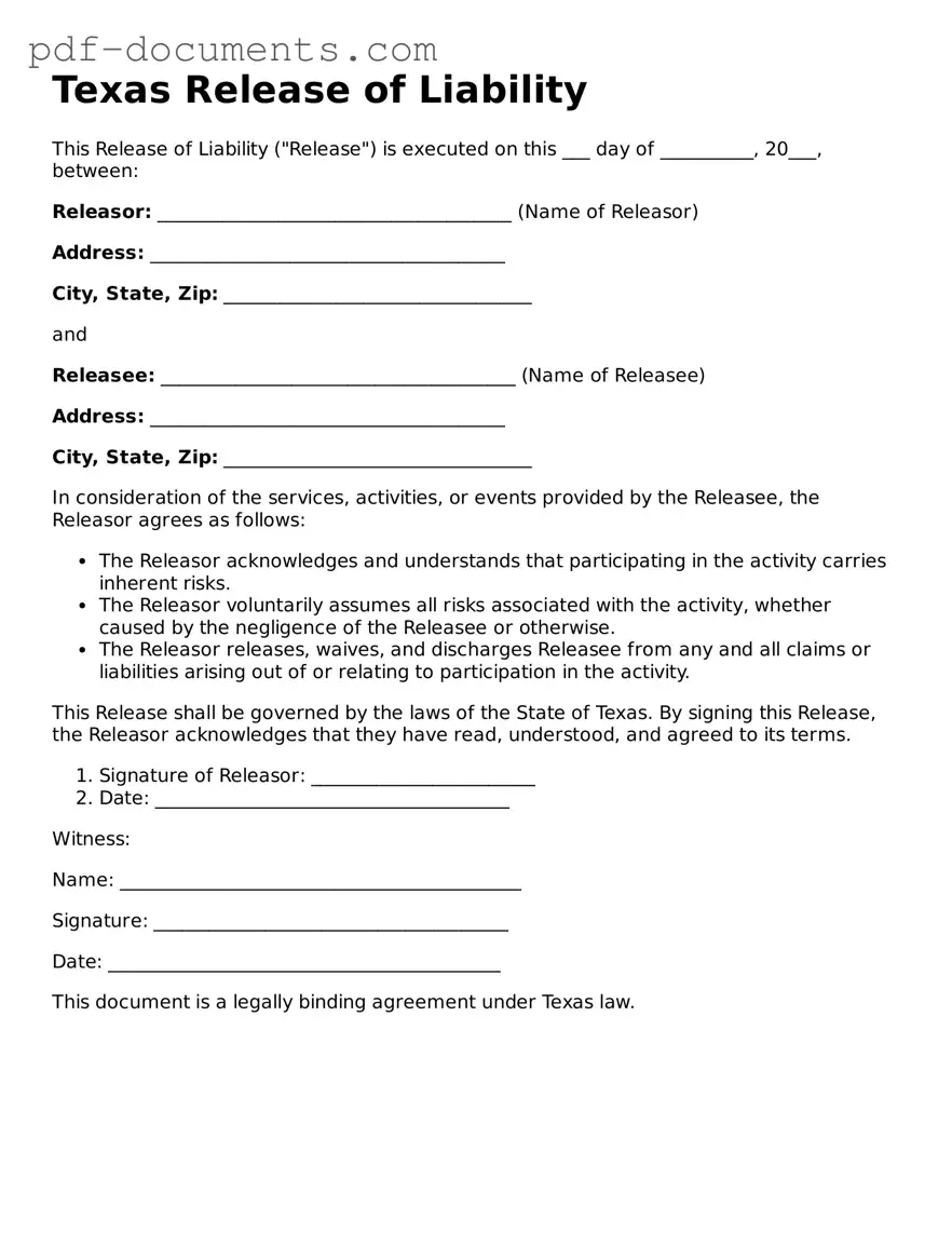 Legal Release of Liability Template for the State of Texas