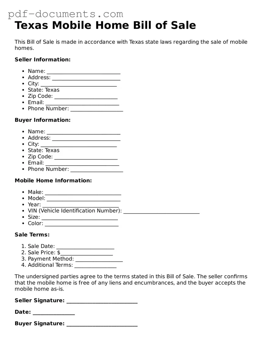 Legal Mobile Home Bill of Sale Template for the State of Texas