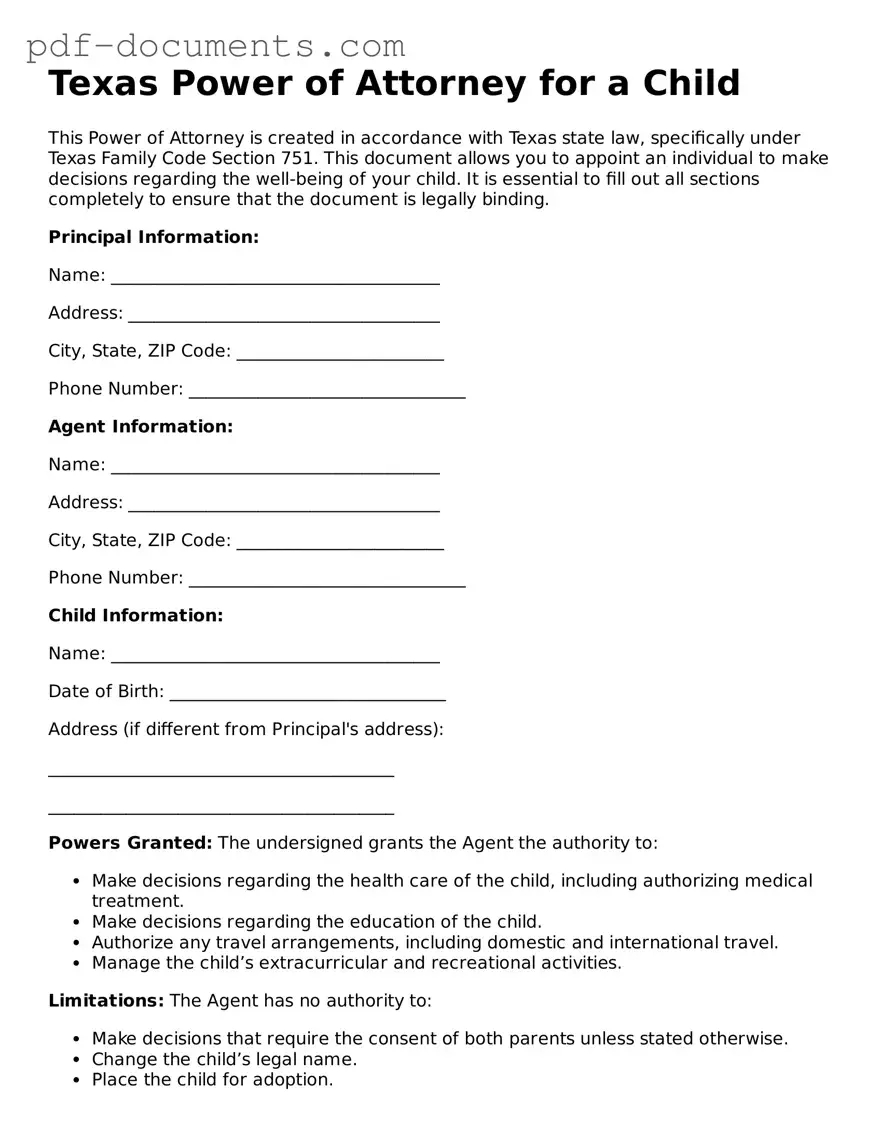 Legal Power of Attorney for a Child Template for the State of Texas