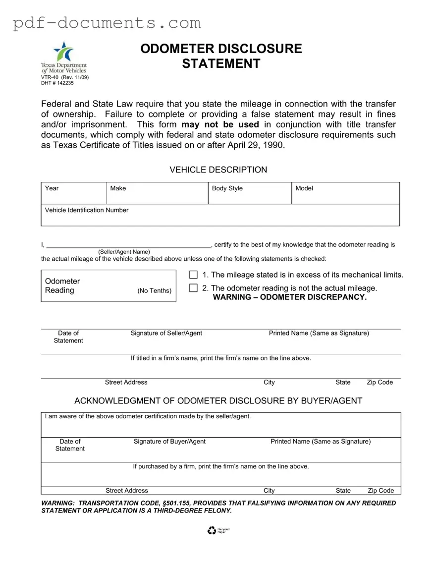 Download Texas Odometer Statement Form