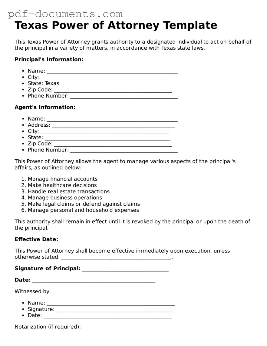 Legal Power of Attorney Template for the State of Texas