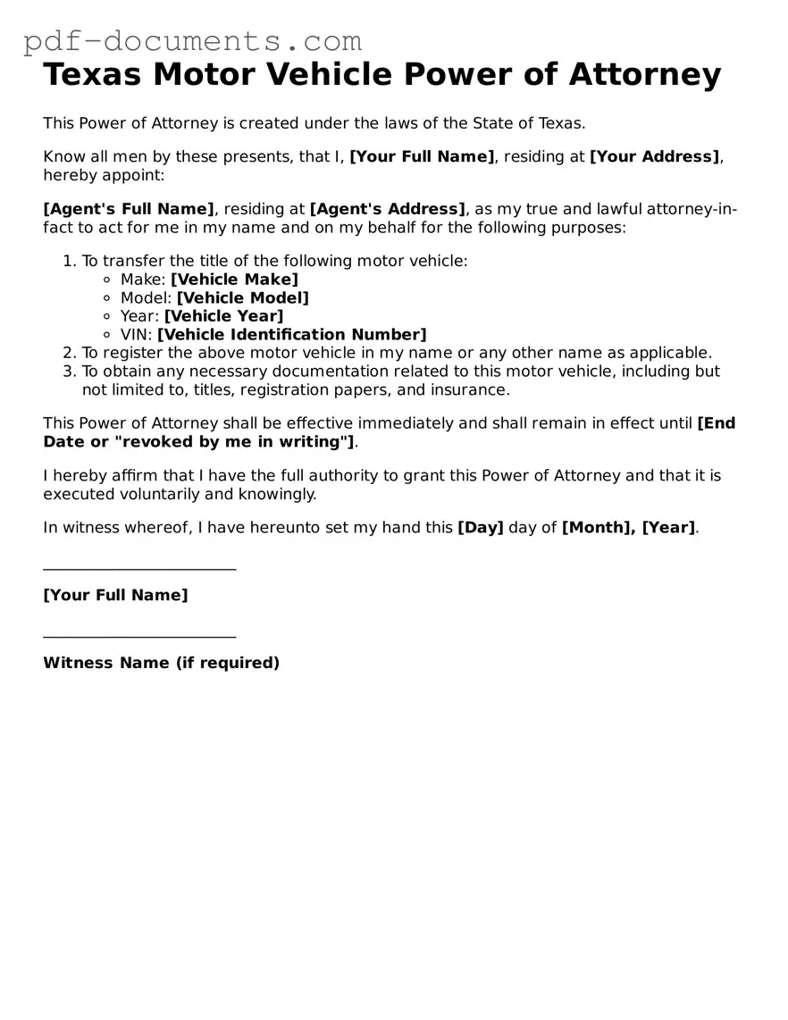 Legal Motor Vehicle Power of Attorney Template for the State of Texas