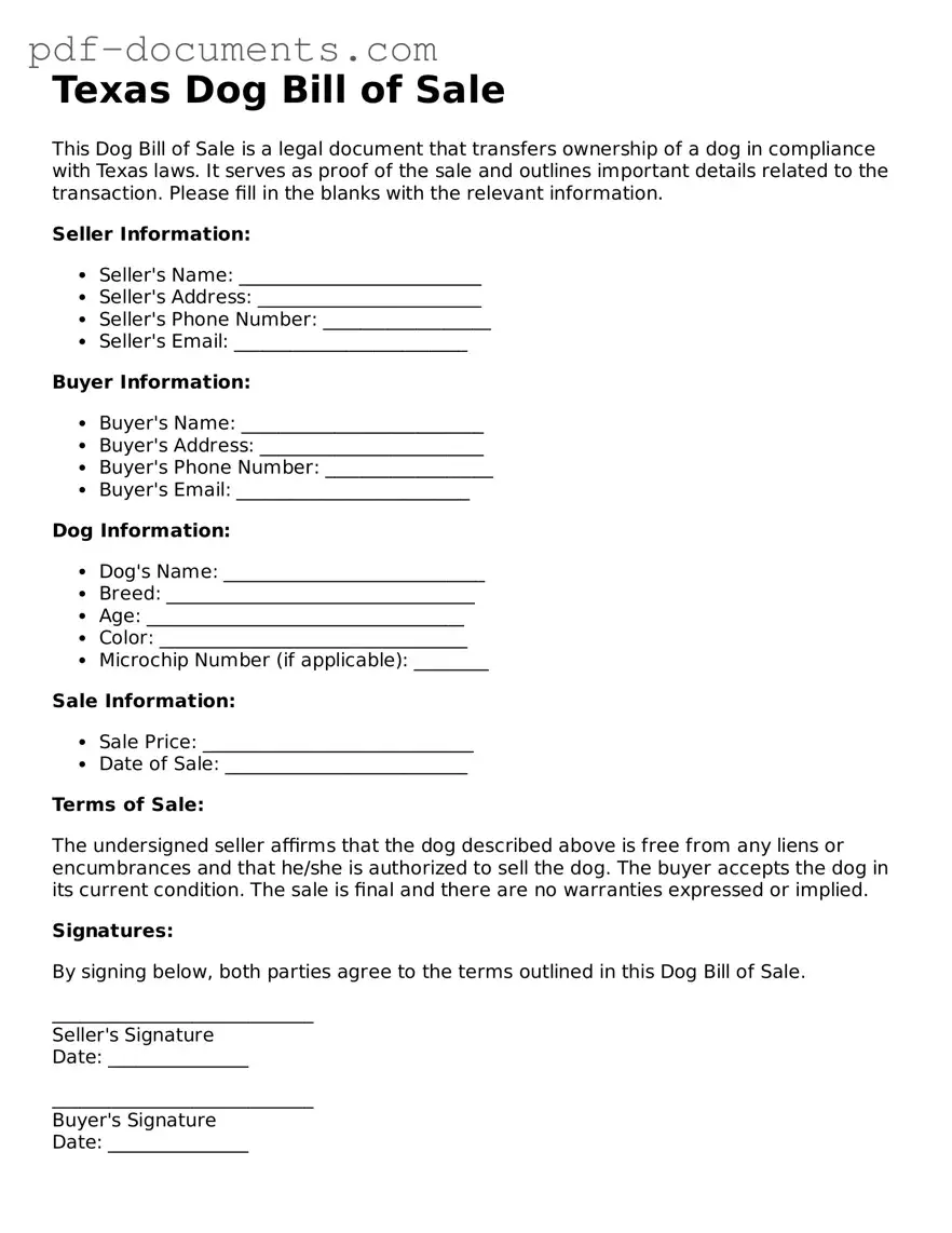 Legal Dog Bill of Sale Template for the State of Texas