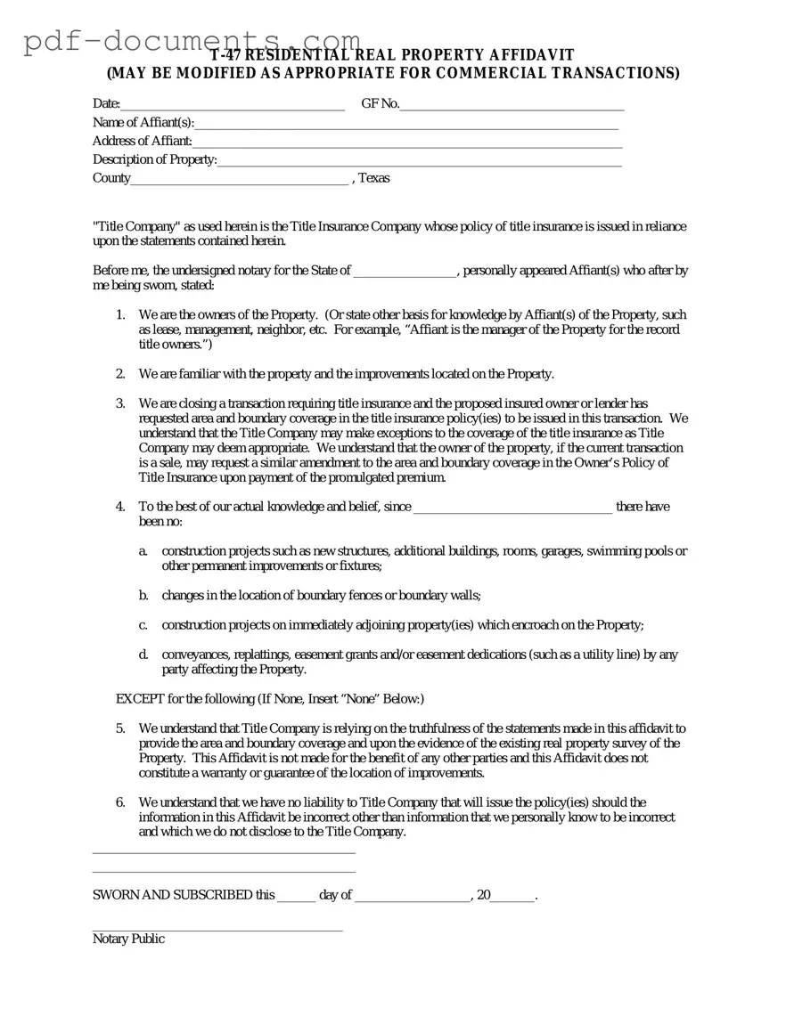 Download Texas residential property affidavit T-47 Form