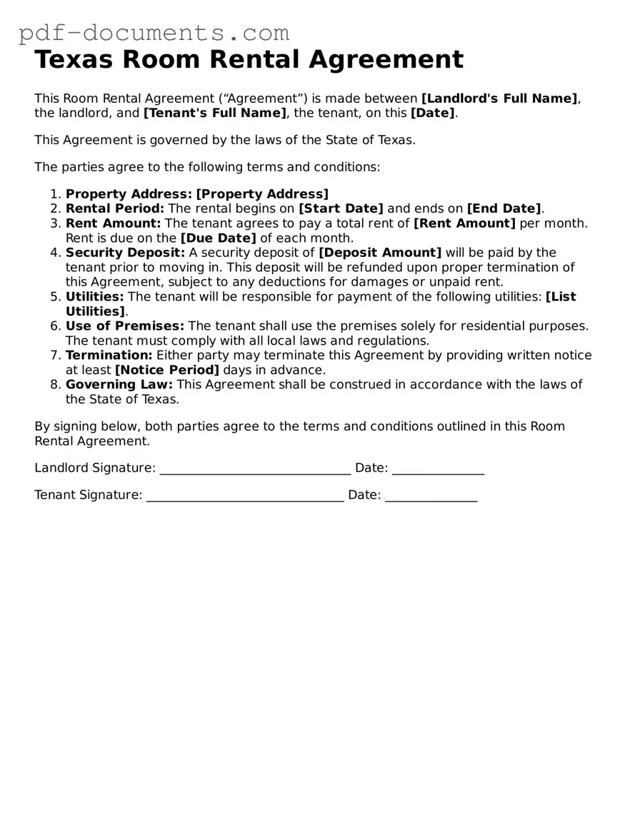 Legal Room Rental Agreement Template for the State of Texas