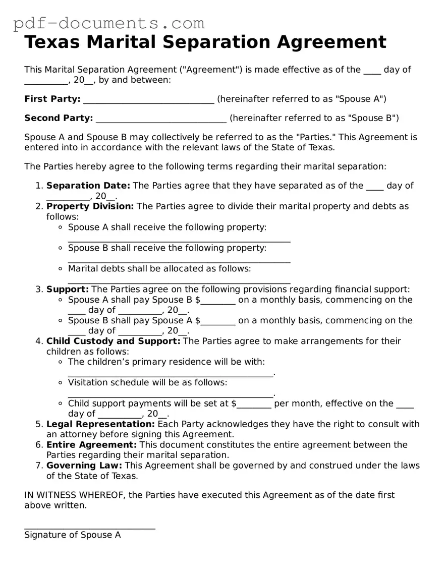 Legal Marital Separation Agreement Template for the State of Texas