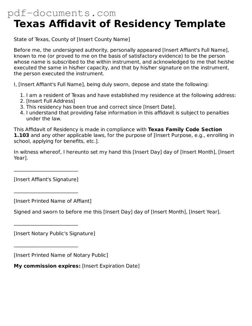 Legal Affidavit of Residency Template for the State of Texas