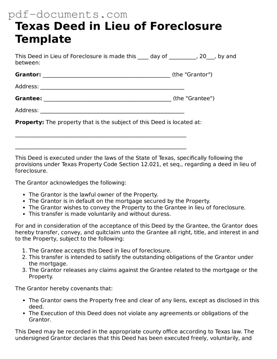 Legal Deed in Lieu of Foreclosure Template for the State of Texas