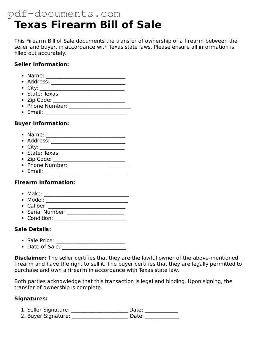 Legal Firearm Bill of Sale Template for the State of Texas