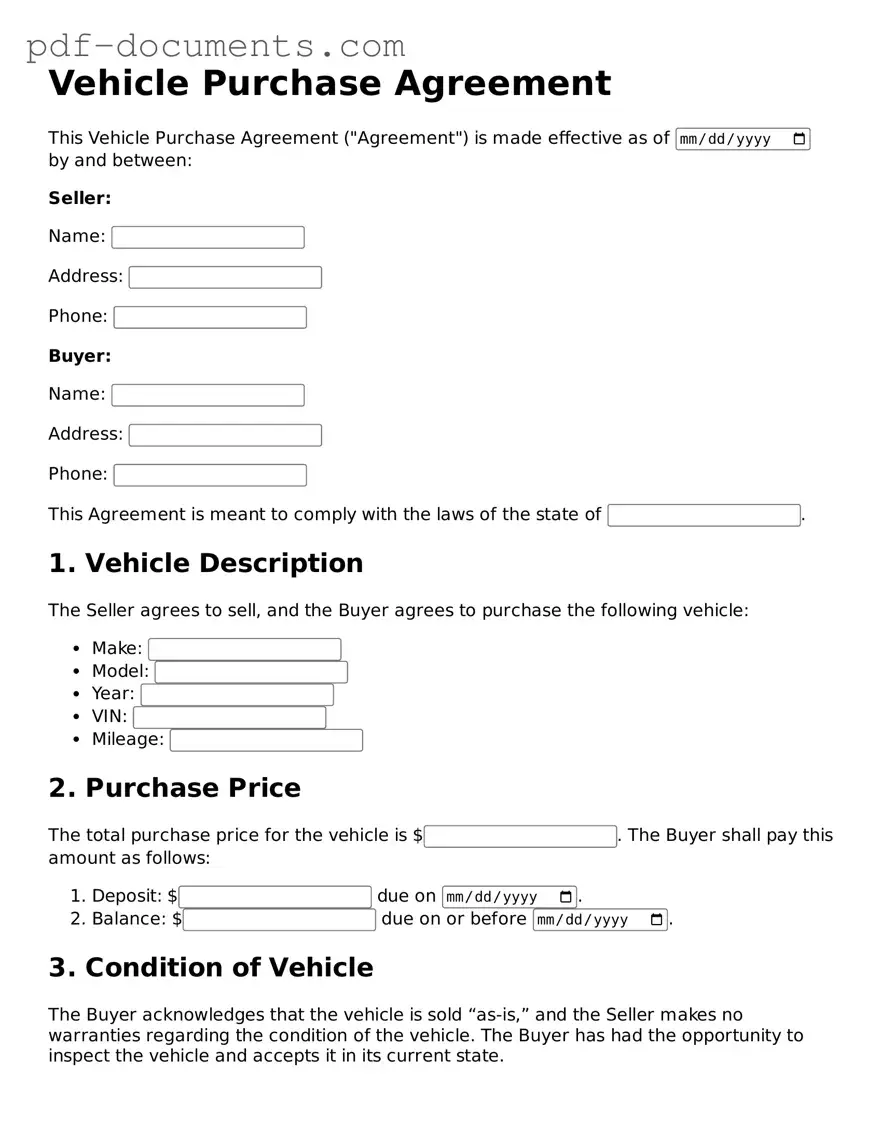 Printable Vehicle Purchase Agreement Form