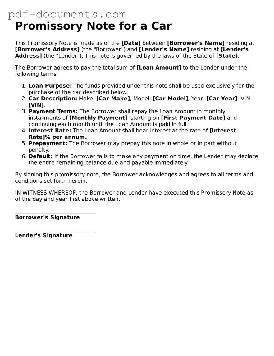 Printable Promissory Note for a Car Form