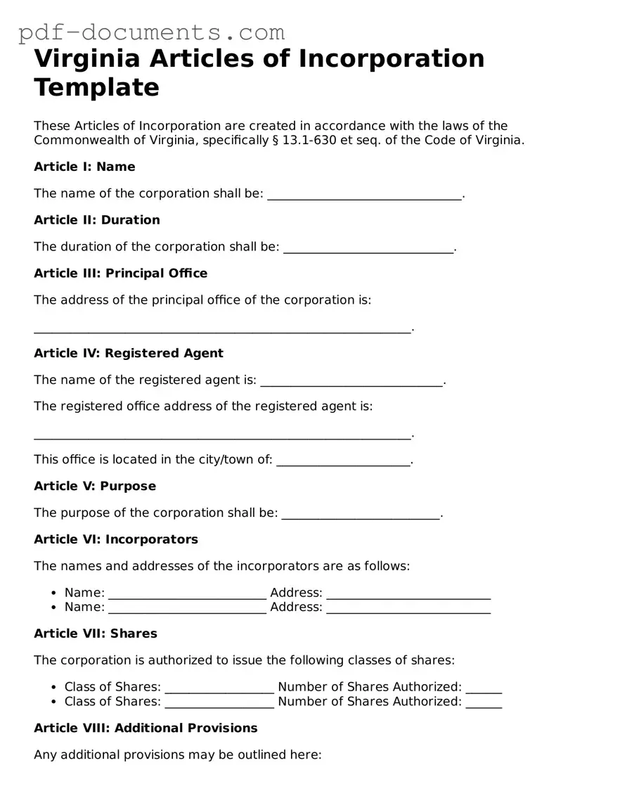 Legal Articles of Incorporation Template for the State of Virginia