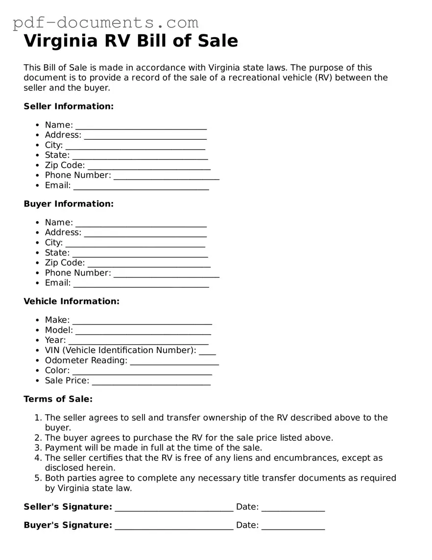 Legal RV Bill of Sale Template for the State of Virginia