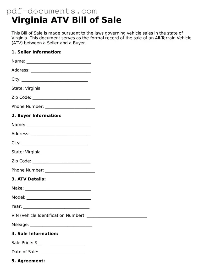 Legal ATV Bill of Sale Template for the State of Virginia
