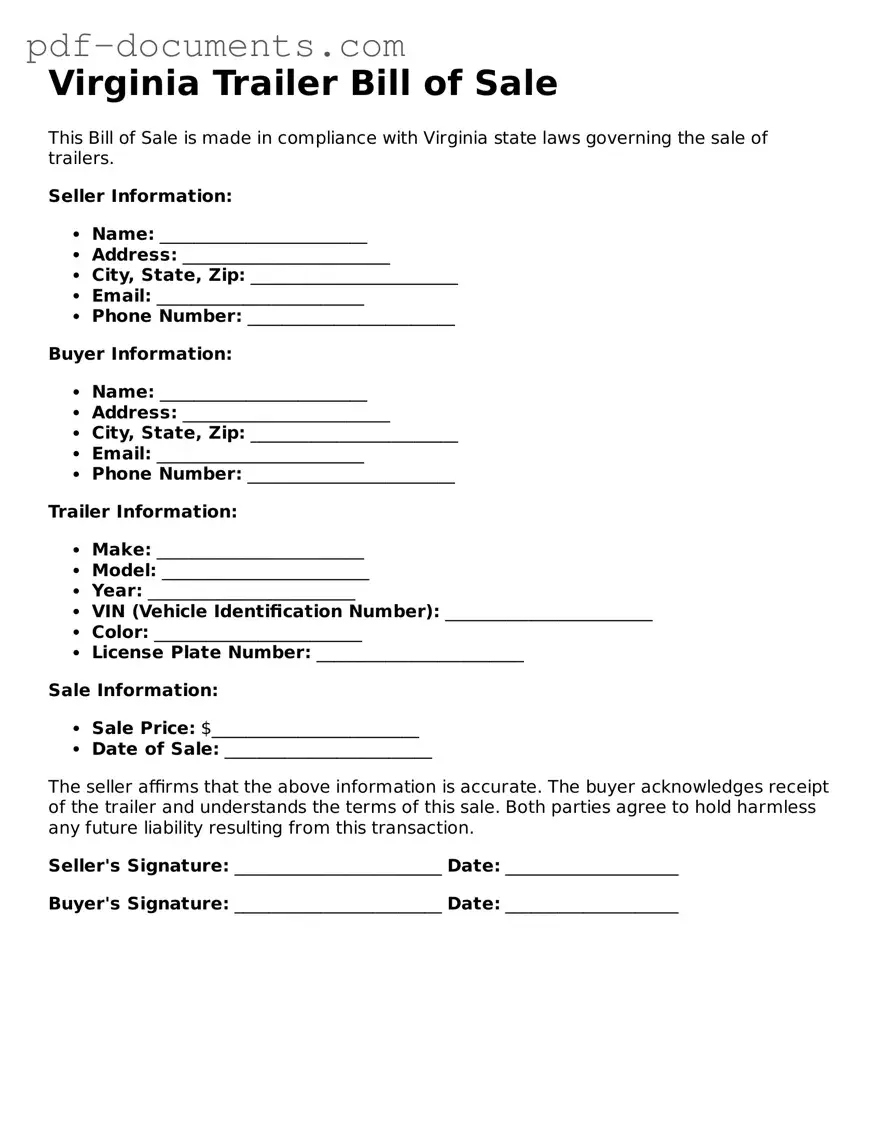 Legal Trailer Bill of Sale Template for the State of Virginia