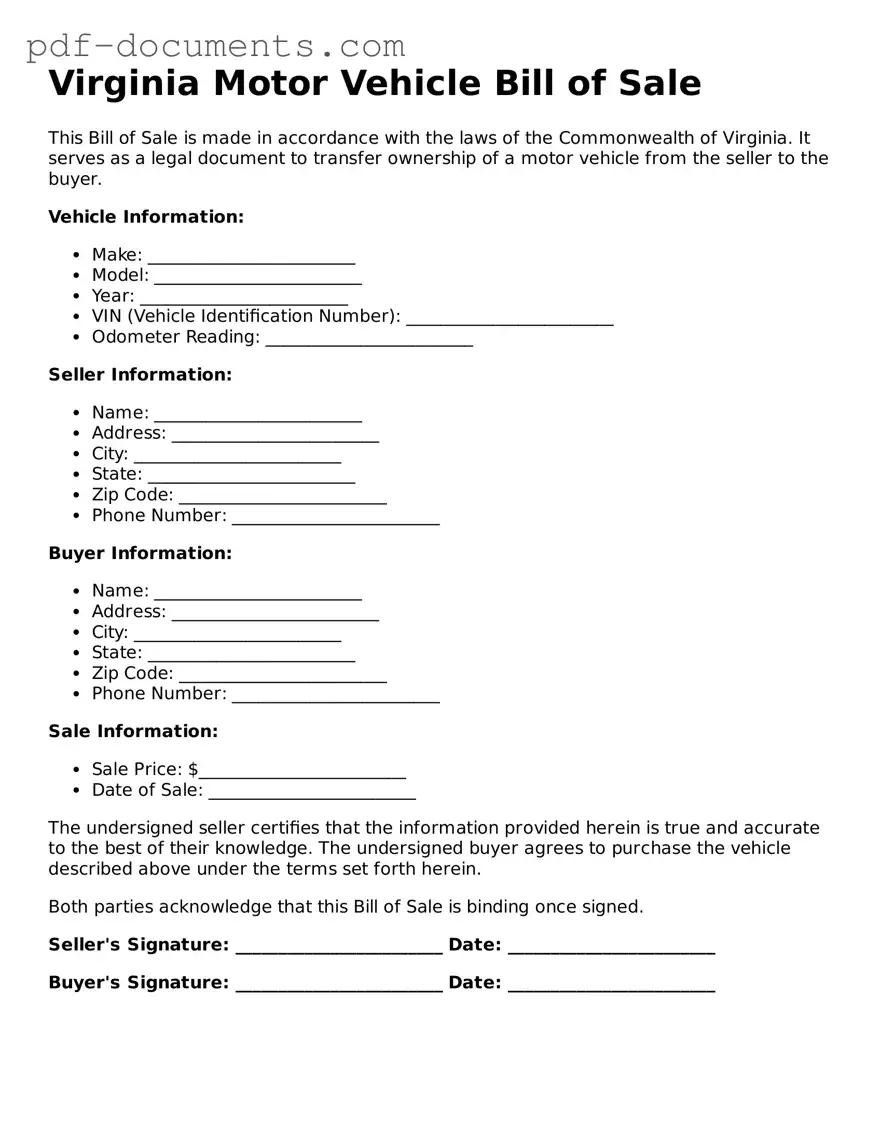 Legal Motor Vehicle Bill of Sale Template for the State of Virginia