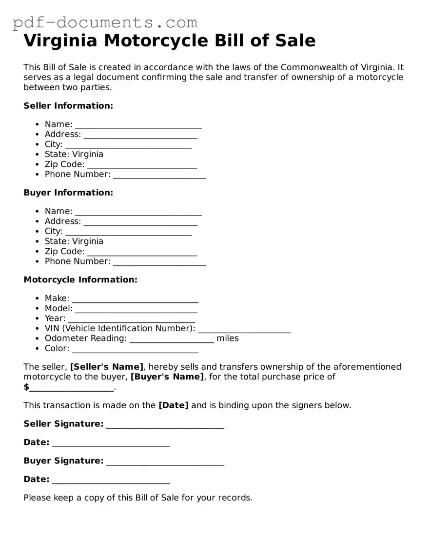 Legal Motorcycle Bill of Sale Template for the State of Virginia