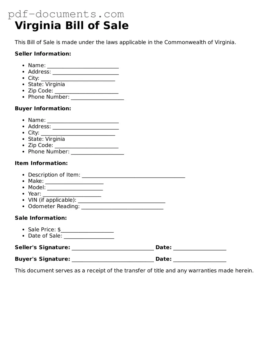 Legal Bill of Sale Template for the State of Virginia