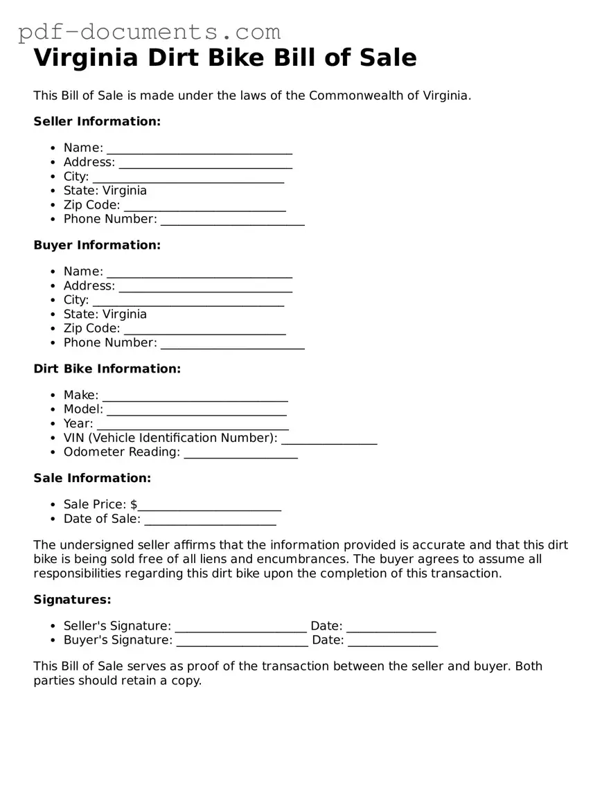 Legal Dirt Bike Bill of Sale Template for the State of Virginia